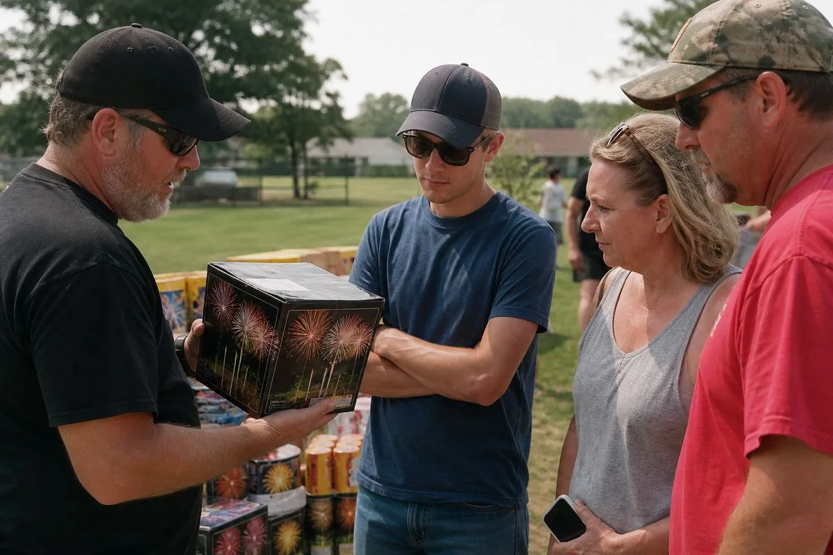 A fireworks retailer explaining products to attentive customers outdoors