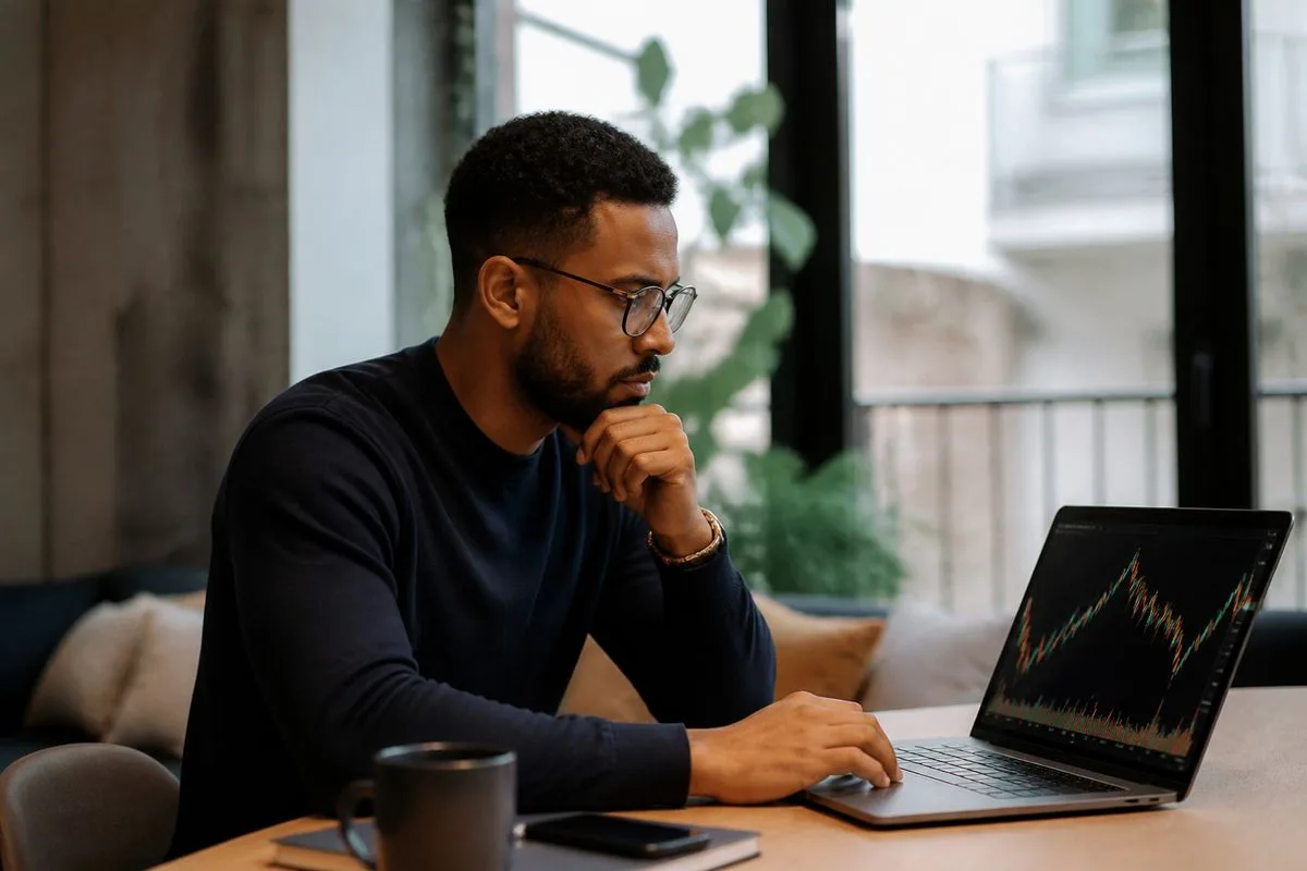 Joshua Foster reviewing stock data on a laptop screen