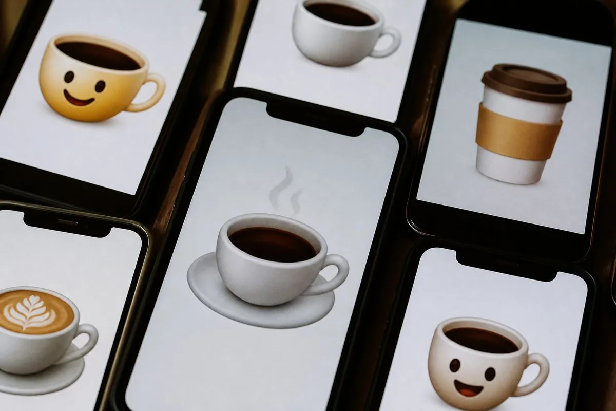 Close-up of various coffee emoji designs on smartphone screens