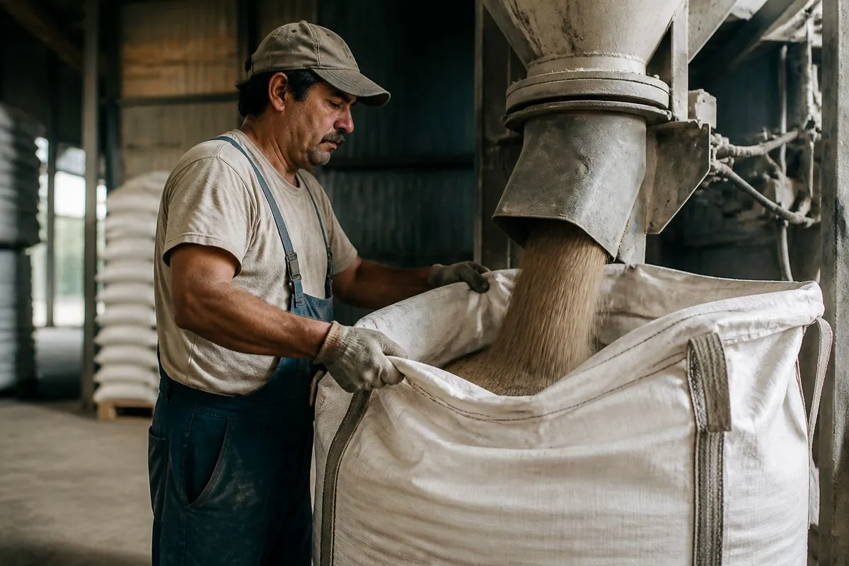 A warehouse worker filling a large bag with bulk material