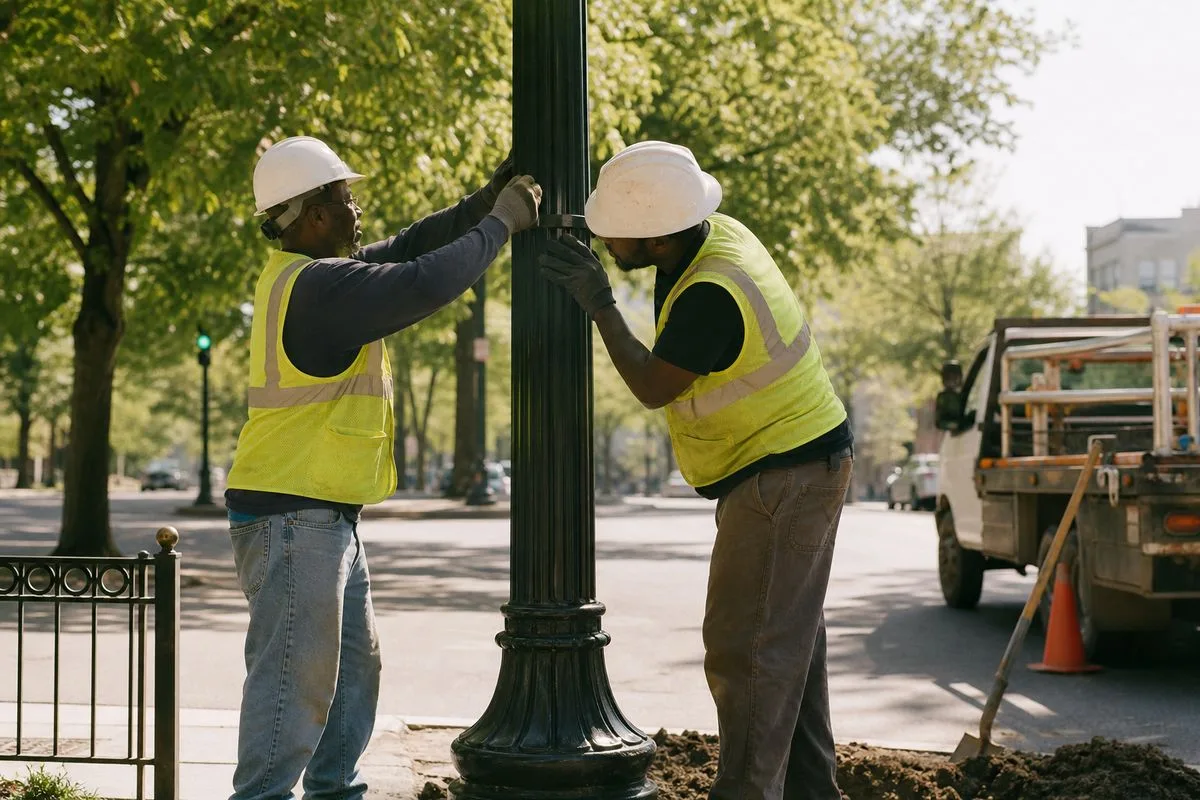 City workers installing weather-resistant infrastructure on a sunny street