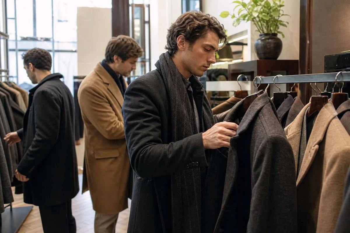 Shoppers browsing new wool coats in the men’s section.