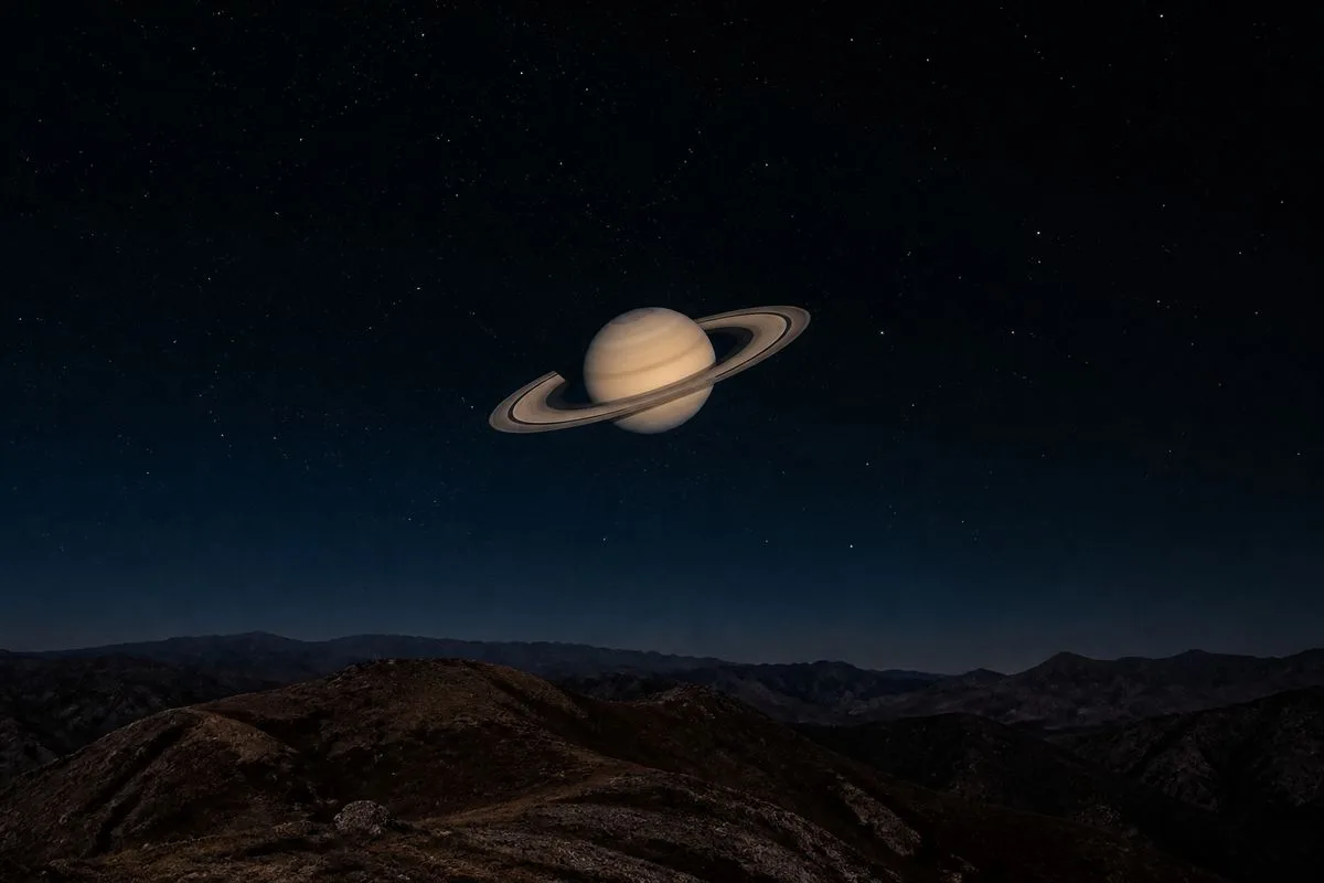 A bright Saturn rising above a dark, starry horizon