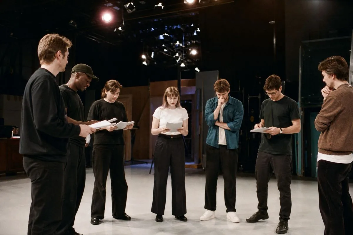 The SNL UK cast rehearsing on a brightly lit studio stage