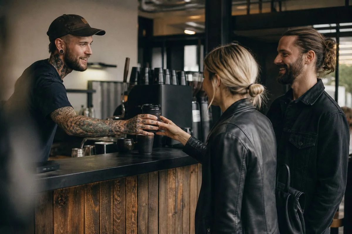 A barista serving coffee to customers at Black Sheep Coffee shop