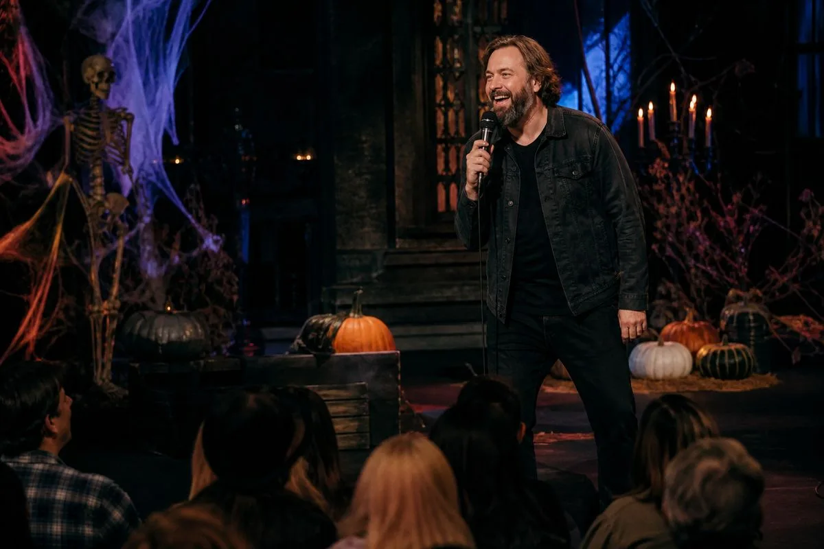 Comedians filming a Halloween-themed comedy special on set