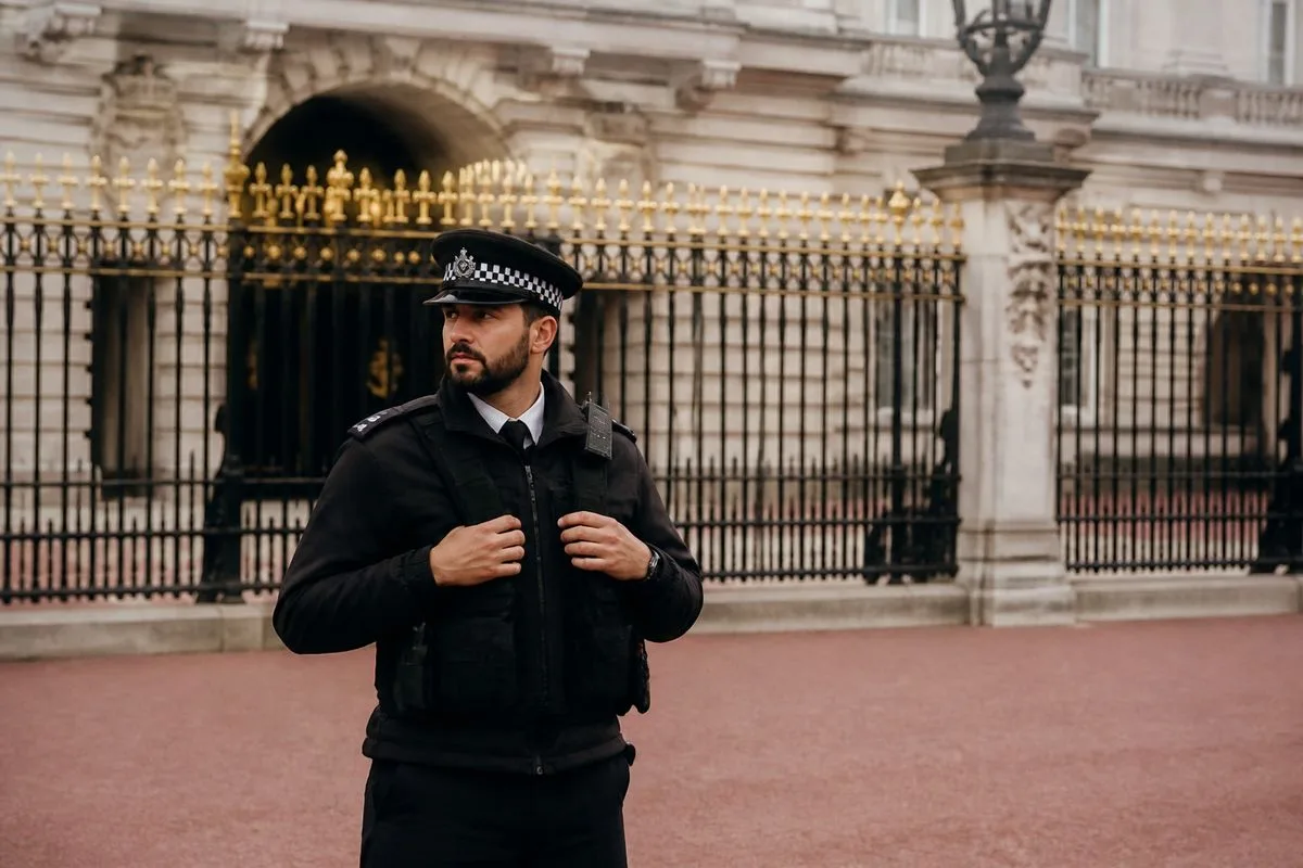 A security guard scanning surroundings outside a royal residence