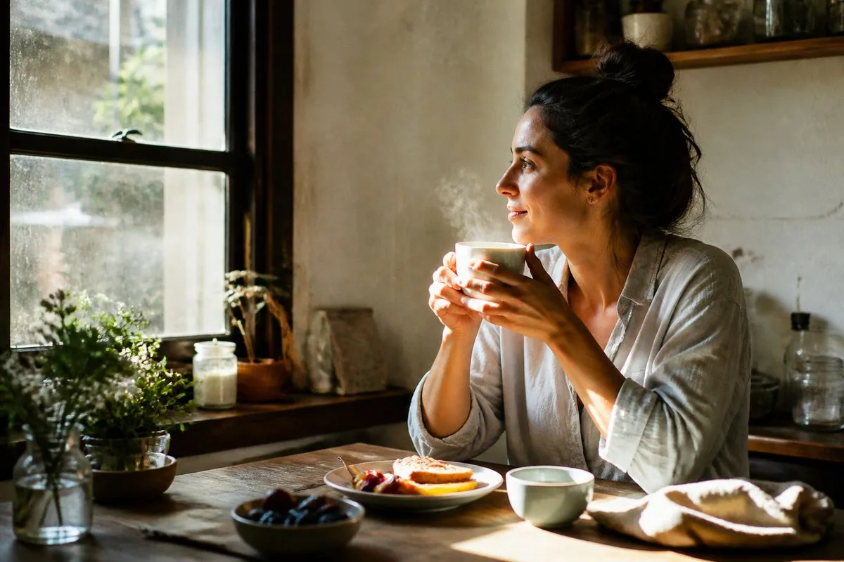 A person holding a steaming cup of coffee at breakfast table