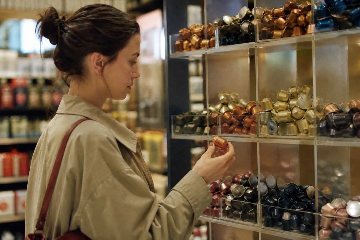 A person examining various coffee capsules on a store shelf