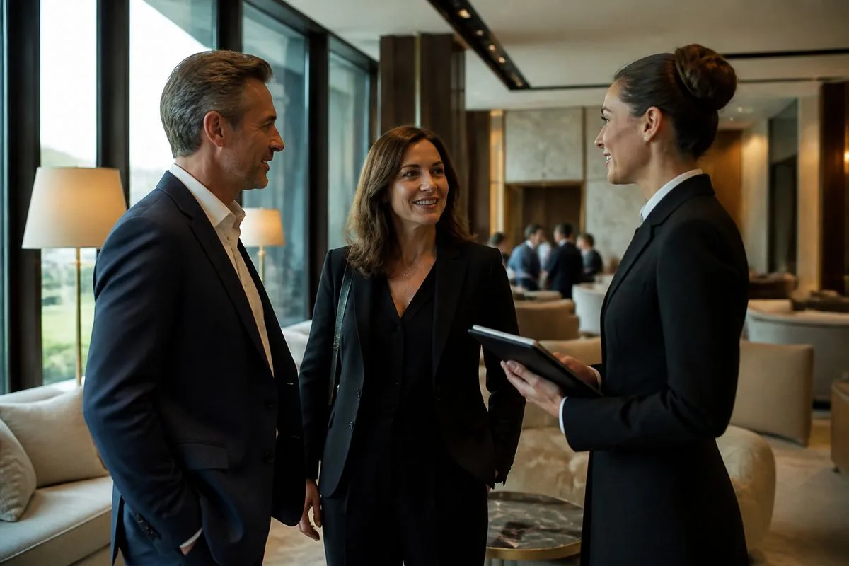 Executives consulting with a concierge in a modern office lounge