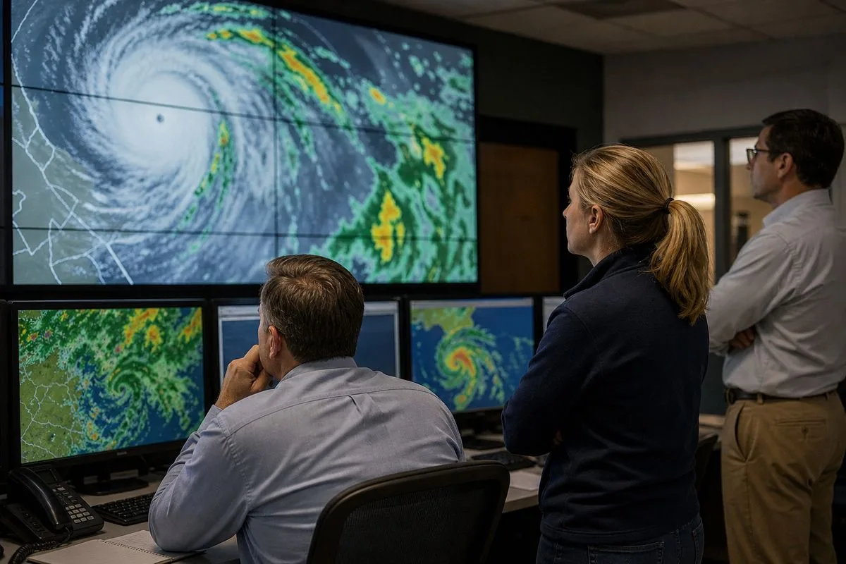 Meteorologists monitoring hurricane radar screens in a control room
