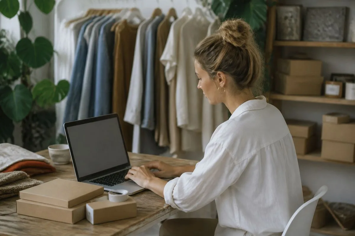 A content creator setting up an online store on a laptop.