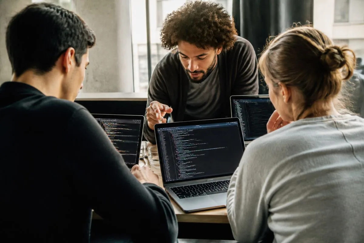 Developers collaborating over code on multiple laptop screens