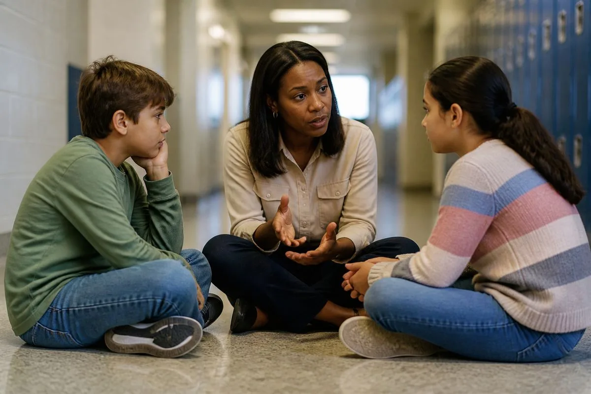 Children and a mediator discussing peacefully in a school hallway