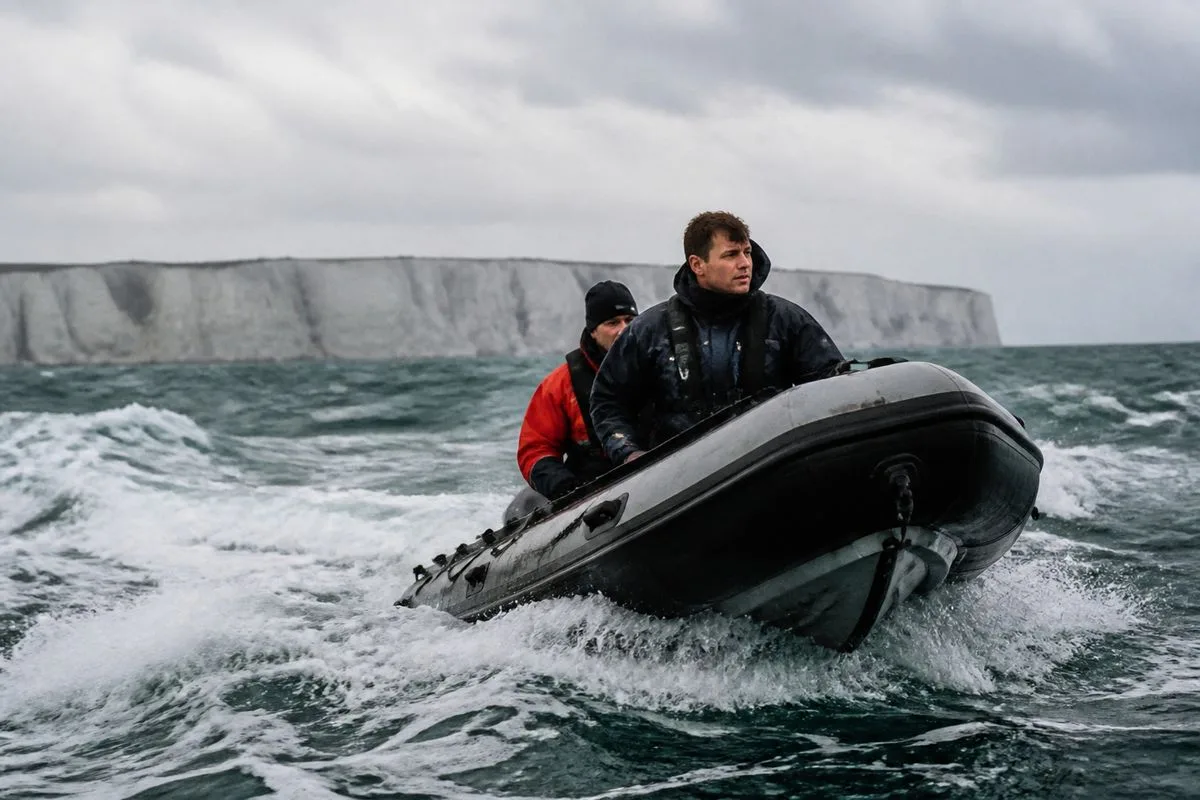 A small inflatable boat navigating choppy Channel waters