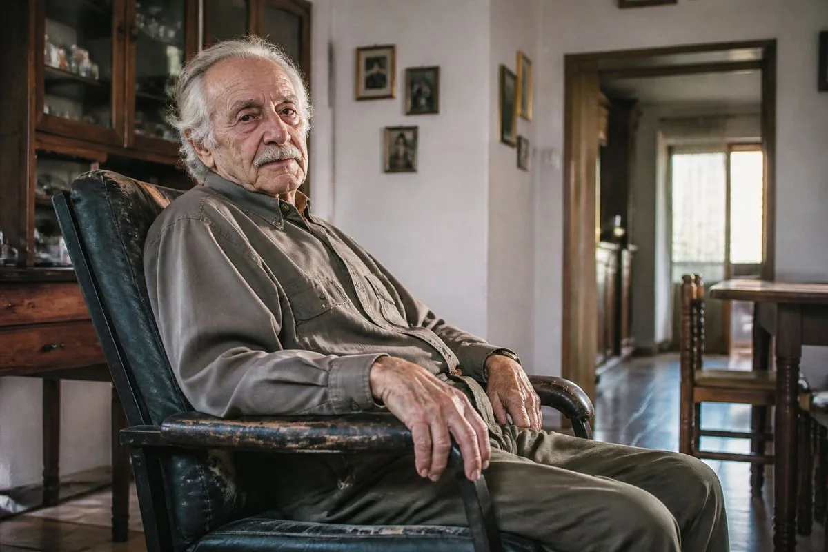An elderly man sitting in a worn swivel chair at home