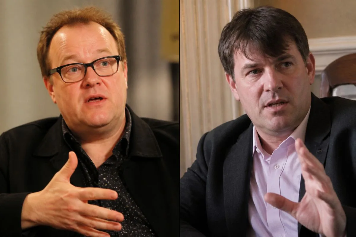 Russell T Davies and Graham Linehan in separate interview settings