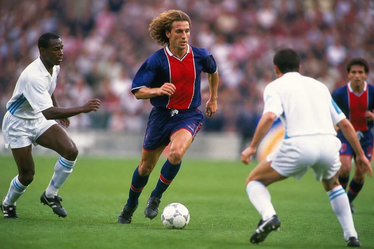 David Ginola gracefully dribbling past defenders on the pitch