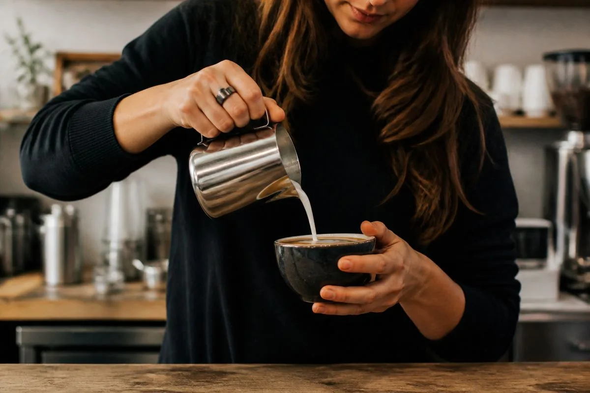 A barista pouring creamy almond milk into a coffee cup
