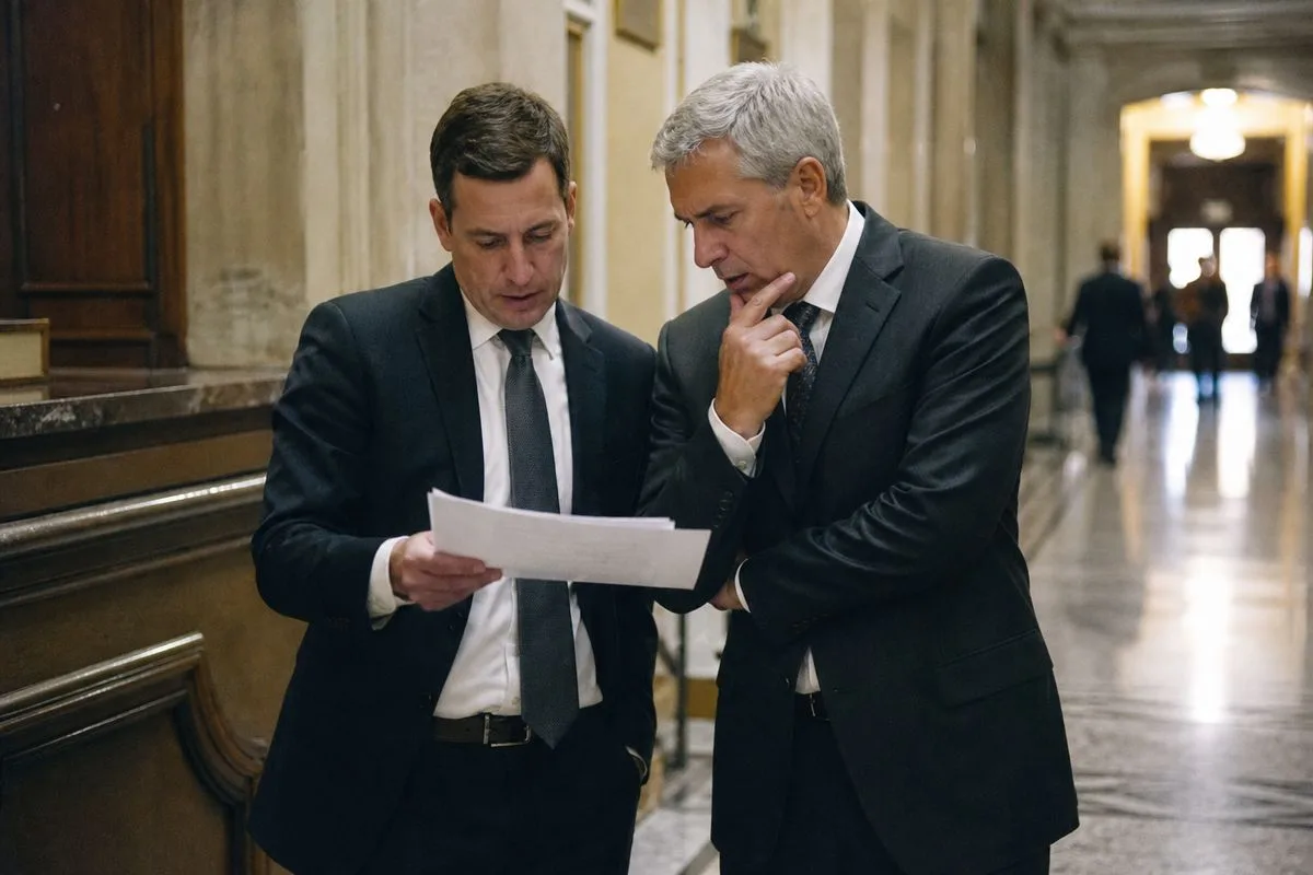 Lawyers discussing documents in a courtroom hallway