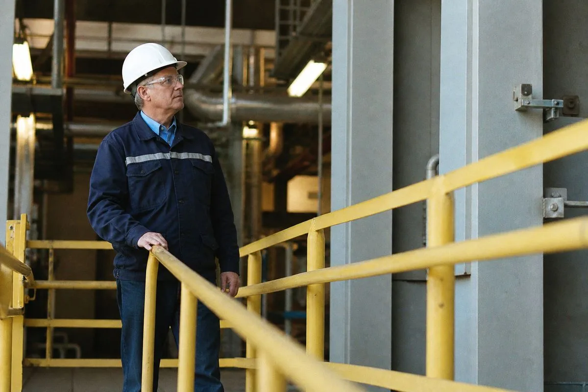 A factory worker inspecting safety rail installations on site