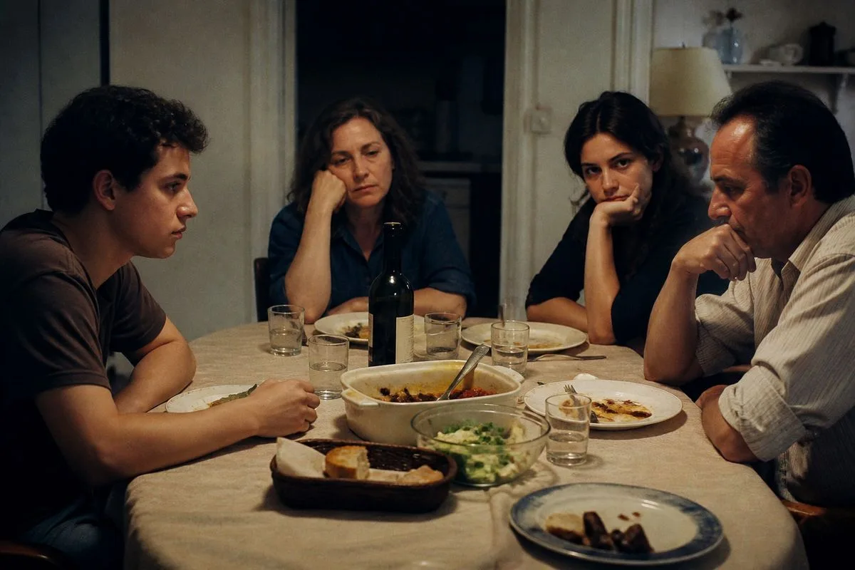 A tense family dinner with shadowed, serious faces