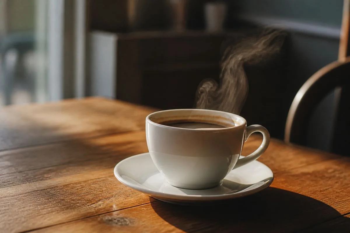 A steaming cup of coffee on a wooden café table