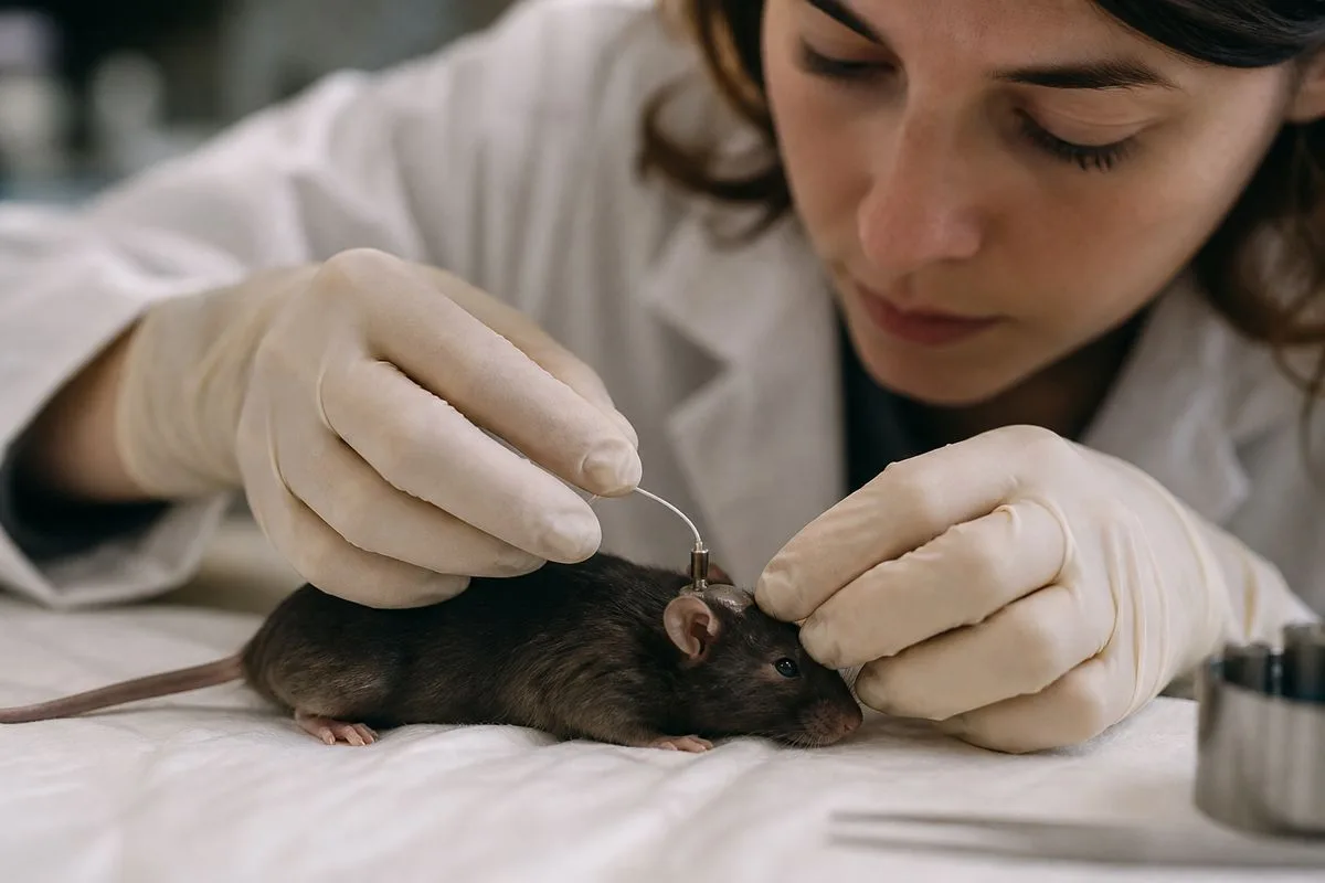 A researcher gently attaching a vagus nerve stimulator to a mouse.