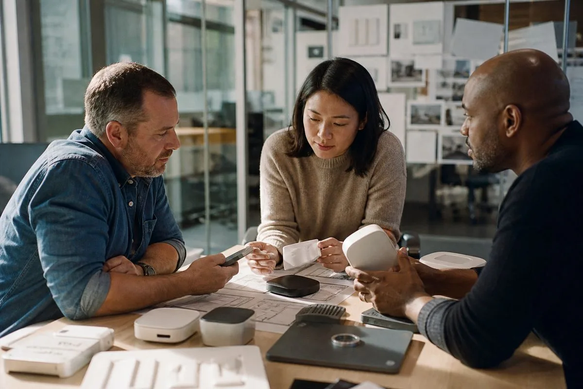 Resideo employees collaborating over product designs in an office.