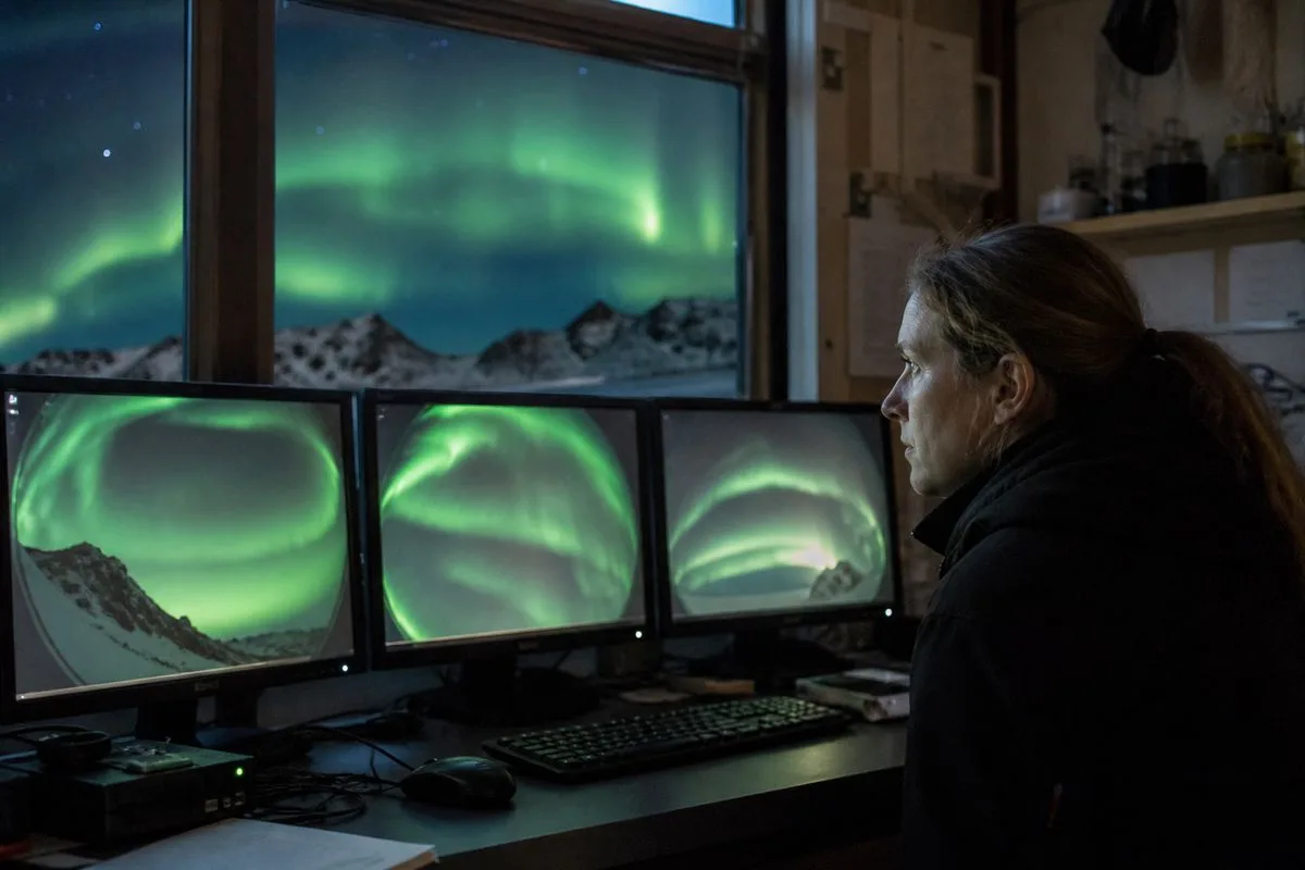 A scientist monitoring aurora data on multiple screens