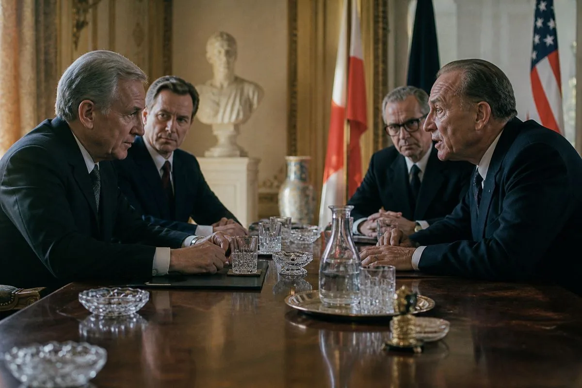 Actors filming an intense diplomatic negotiation scene on set