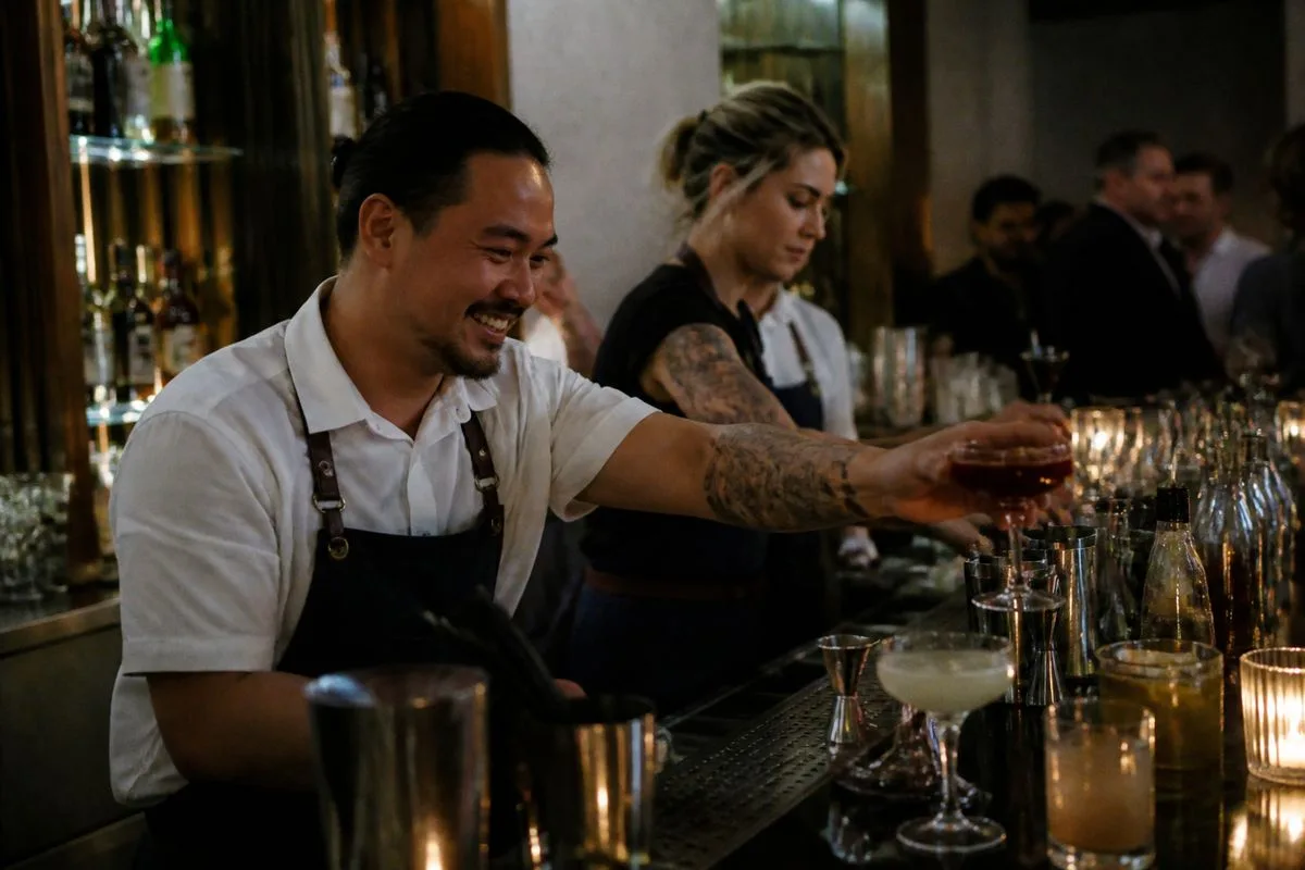 Bartenders serving cocktails at a lively private event in a bar