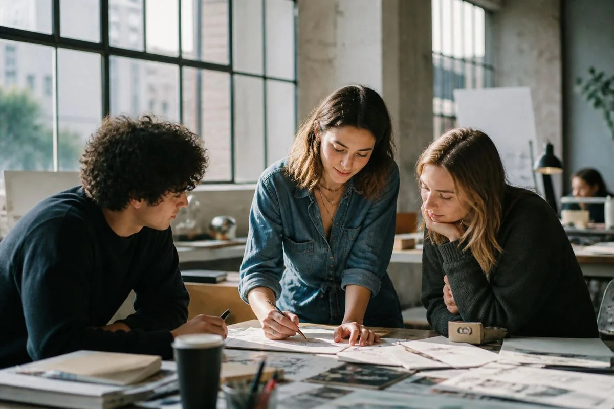 Students collaborating on a startup project in a modern workspace