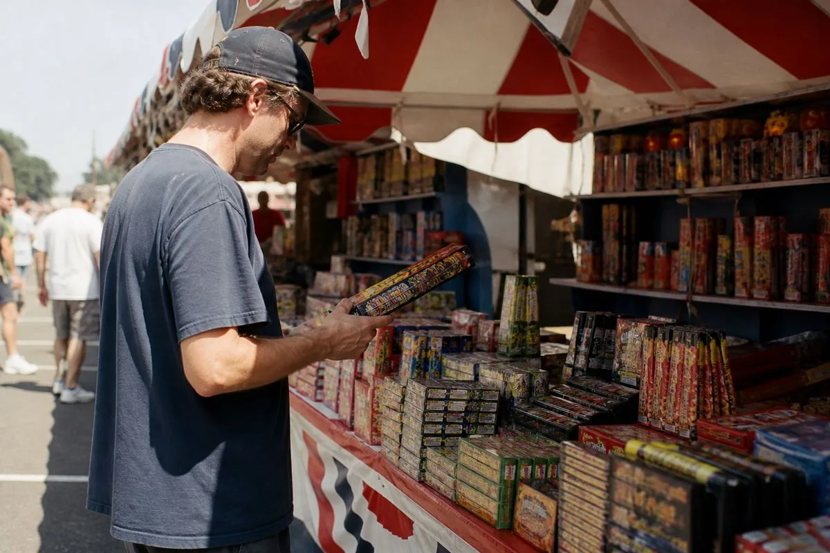 A shopper browsing fireworks at an outdoor market stall