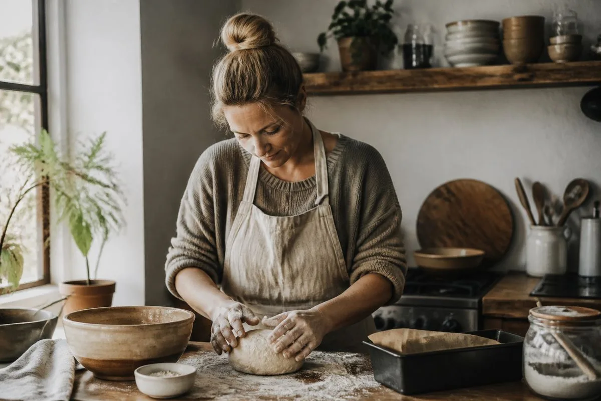 A person baking gluten-free bread in a cozy kitchen