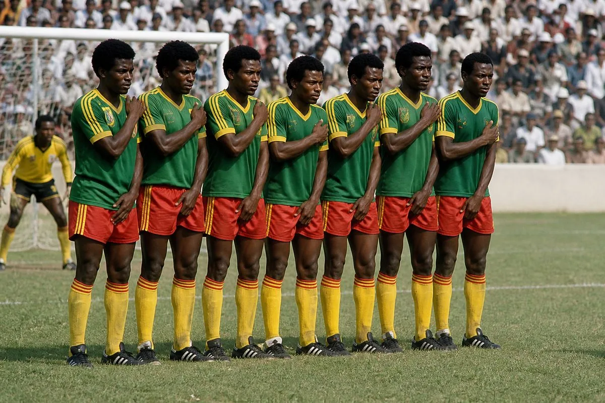Ethiopian players forming a tight defensive line on the pitch.