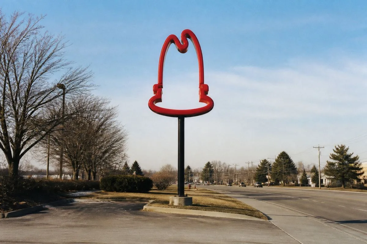 A lone Arby's restaurant sign on a quiet suburban street