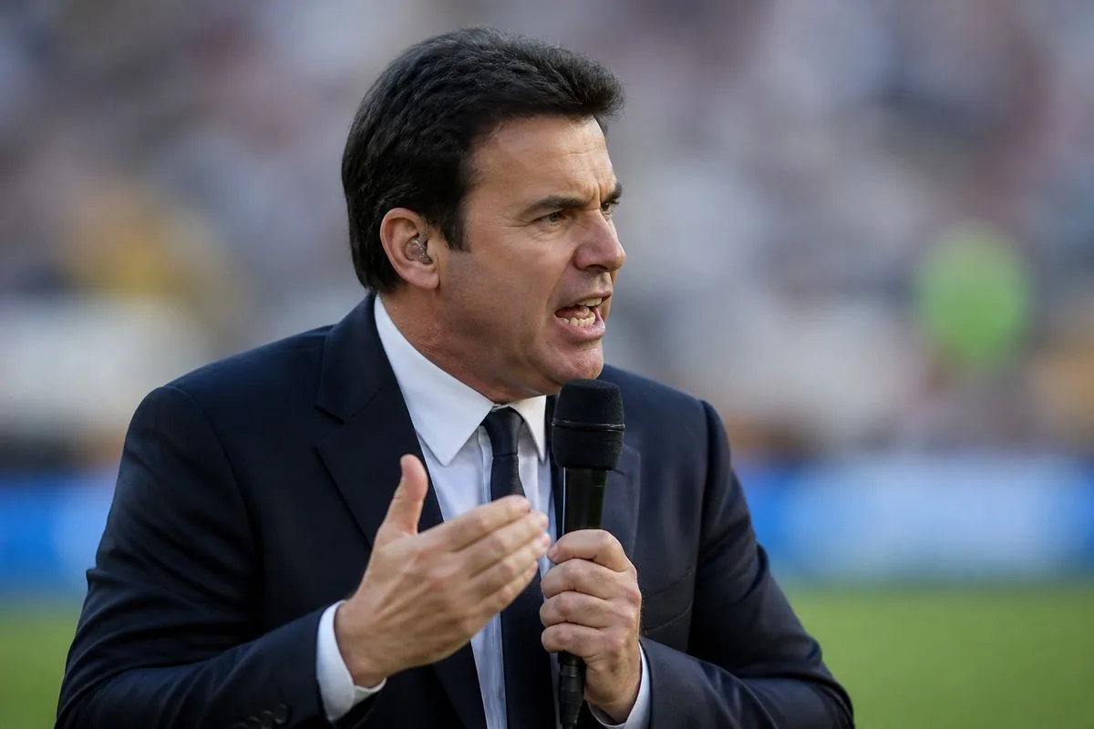 A sports commentator speaking passionately during a live broadcast