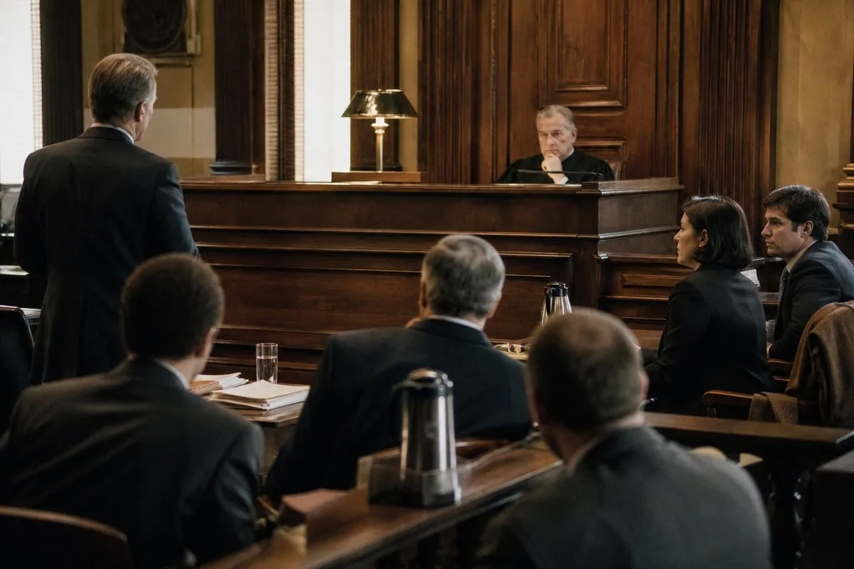 A courtroom with a judge and attentive lawyers during trial