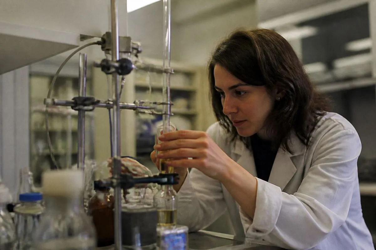 A scientist adjusting lab equipment during an experiment