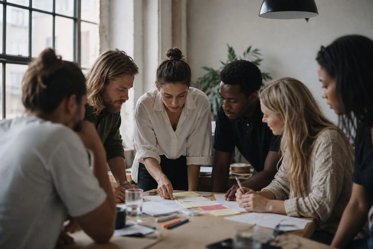 Participants collaborate using AI tools in a modern workshop room
