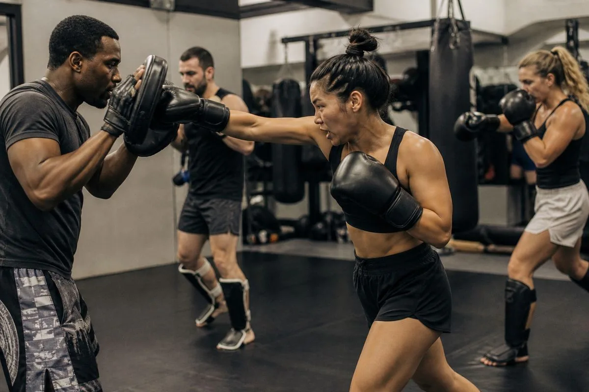A diverse group training together in a modern MMA gym