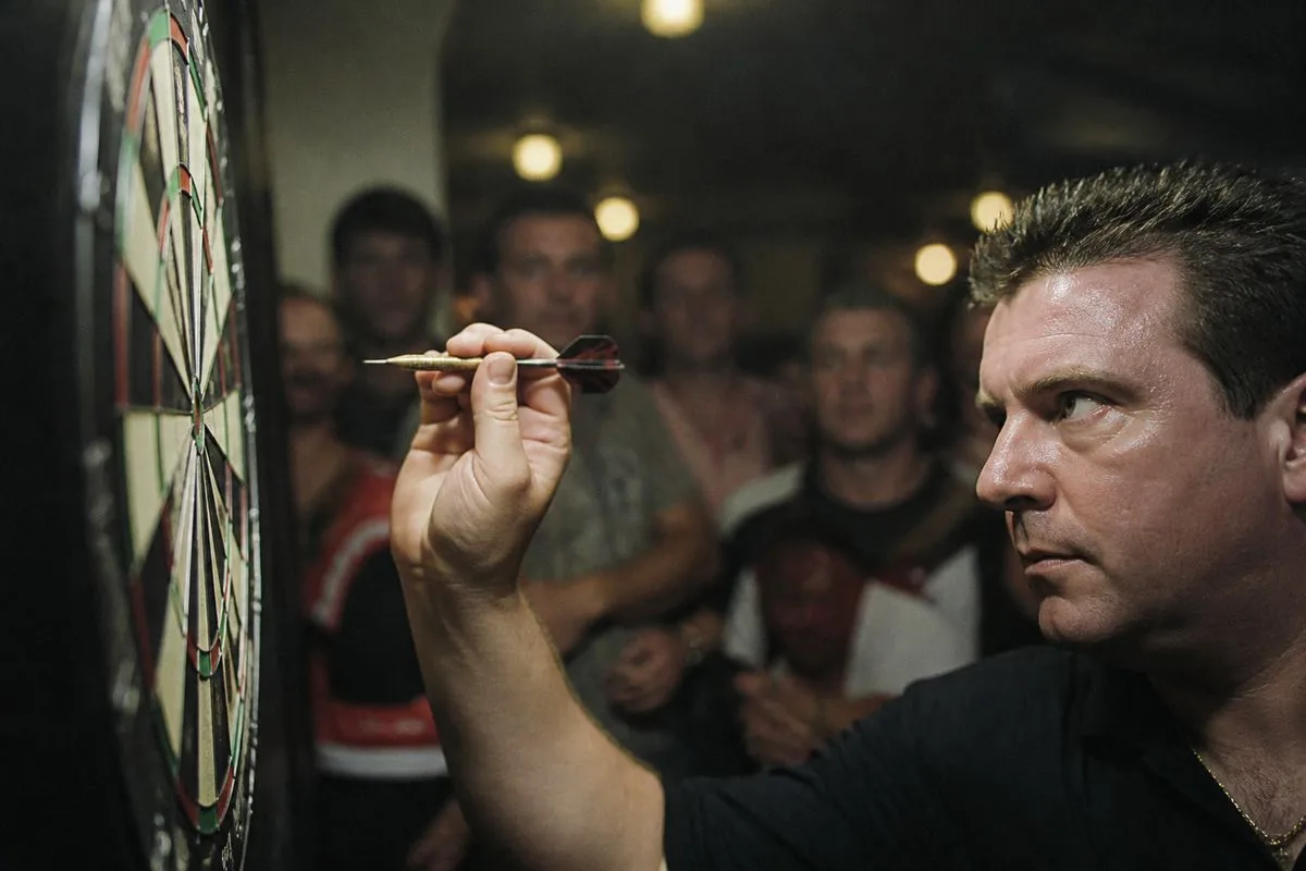 A tense darts match with a player aiming for the double.