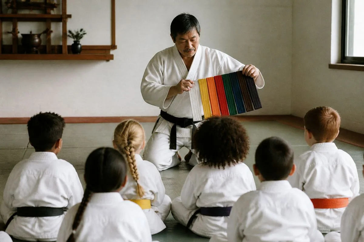 Martial arts instructor demonstrating belt rankings to students