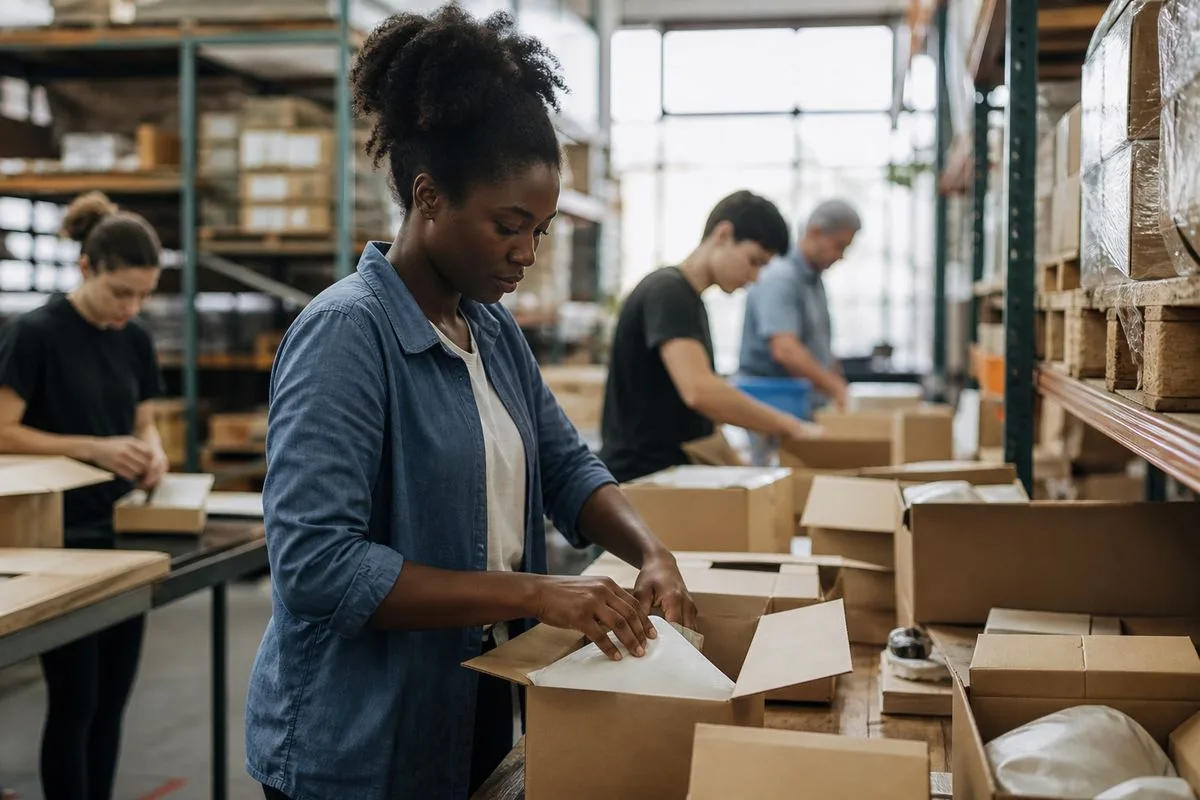 Warehouse workers packing orders for fast shipping delivery