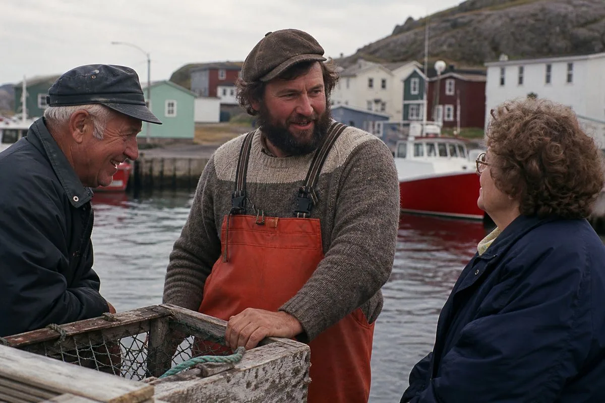 A Newfoundland fisherman speaking with locals by the harbor