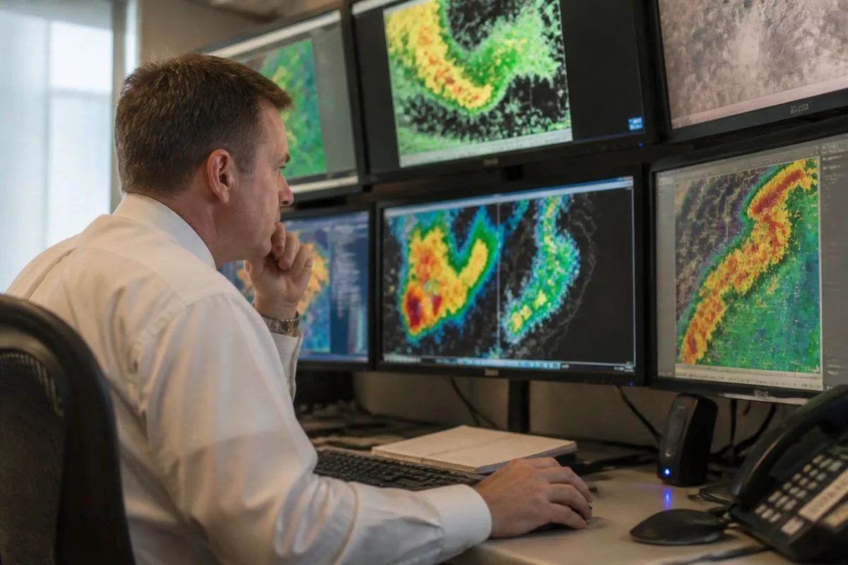 Meteorologist analyzing radar data on multiple screens