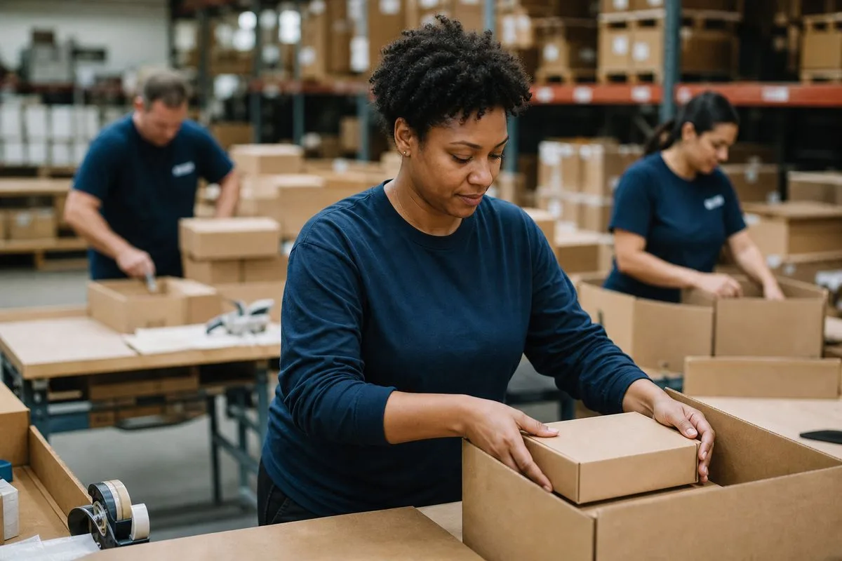 Warehouse workers packing small, sturdy products for delivery