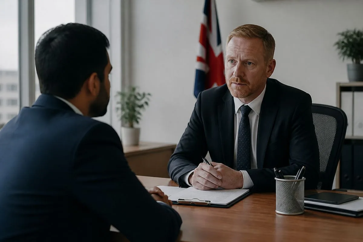 An entrepreneur meeting with a UK visa official in an office