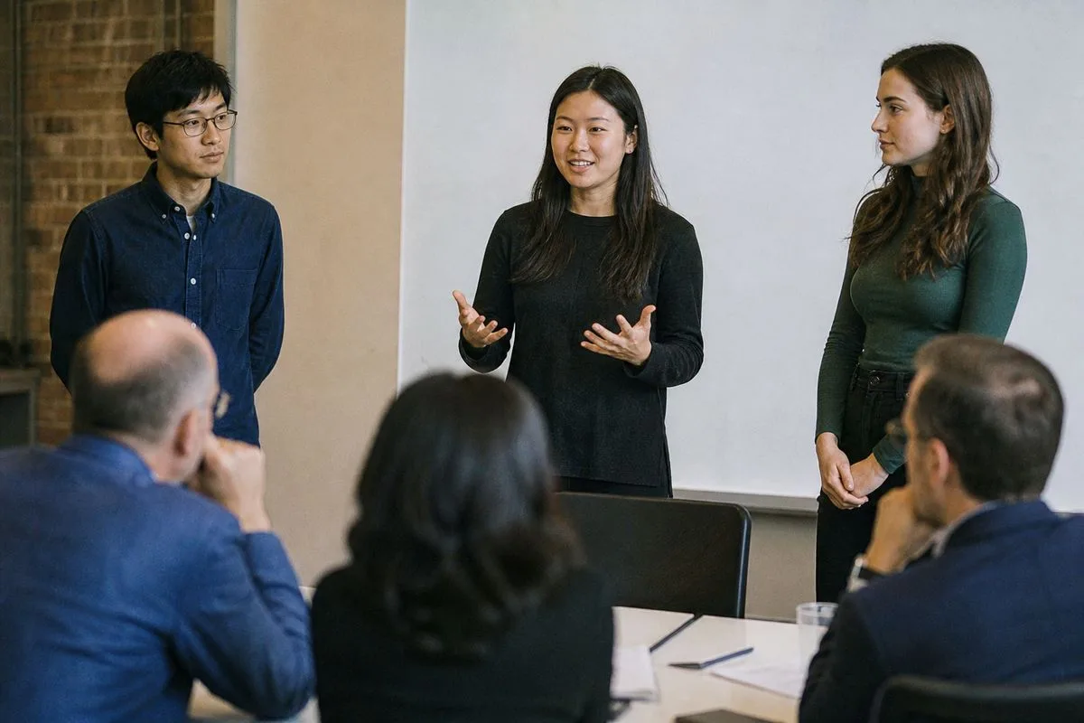 Students pitching startup ideas to a panel of judges